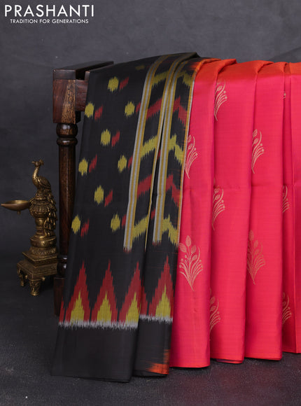 Ikat soft silk partly saree dual shade of pinkish orange and black with ikat weaves& zari woven buttas and simple border
