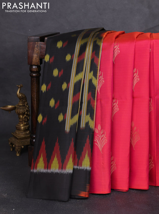 Ikat soft silk partly saree dual shade of pinkish orange and black with ikat weaves& zari woven buttas and simple border