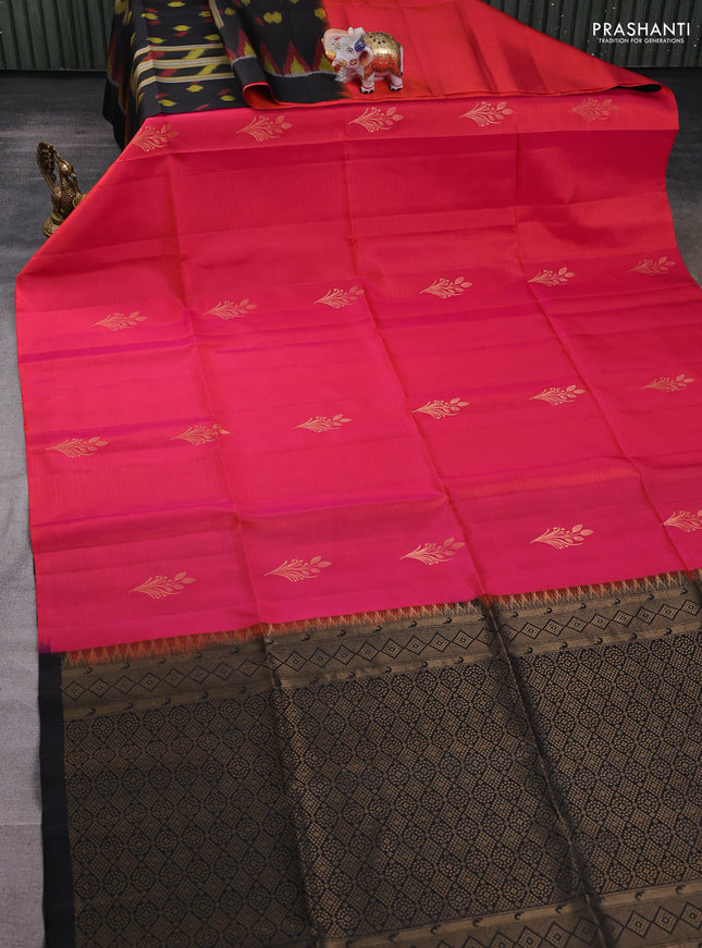 Ikat soft silk partly saree dual shade of pinkish orange and black with ikat weaves& zari woven buttas and simple border