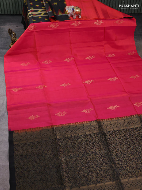 Ikat soft silk partly saree dual shade of pinkish orange and black with ikat weaves& zari woven buttas and simple border