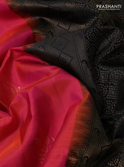 Ikat soft silk partly saree dual shade of pinkish orange and black with ikat weaves& zari woven buttas and simple border