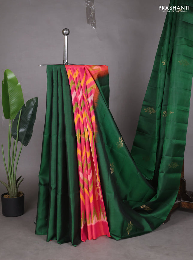 Ikat soft silk partly saree bottle green and dual shade of pinkish orange with ikat weaves& zari woven buttas and simple border