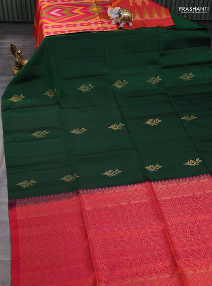 Ikat soft silk partly saree bottle green and dual shade of pinkish orange with ikat weaves& zari woven buttas and simple border