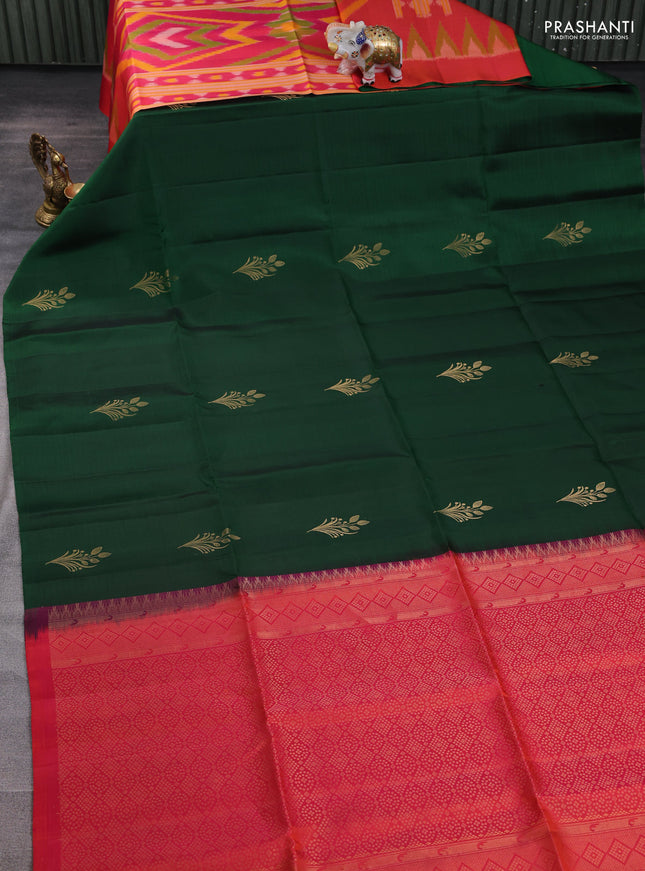 Ikat soft silk partly saree bottle green and dual shade of pinkish orange with ikat weaves& zari woven buttas and simple border