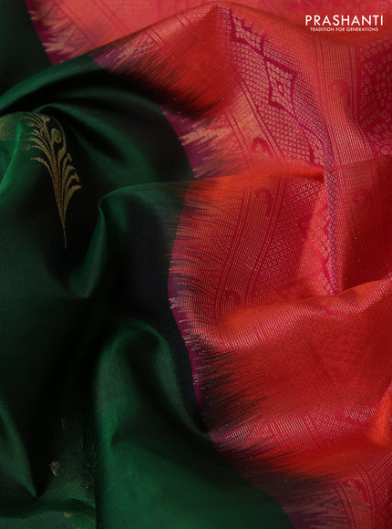 Ikat soft silk partly saree bottle green and dual shade of pinkish orange with ikat weaves& zari woven buttas and simple border
