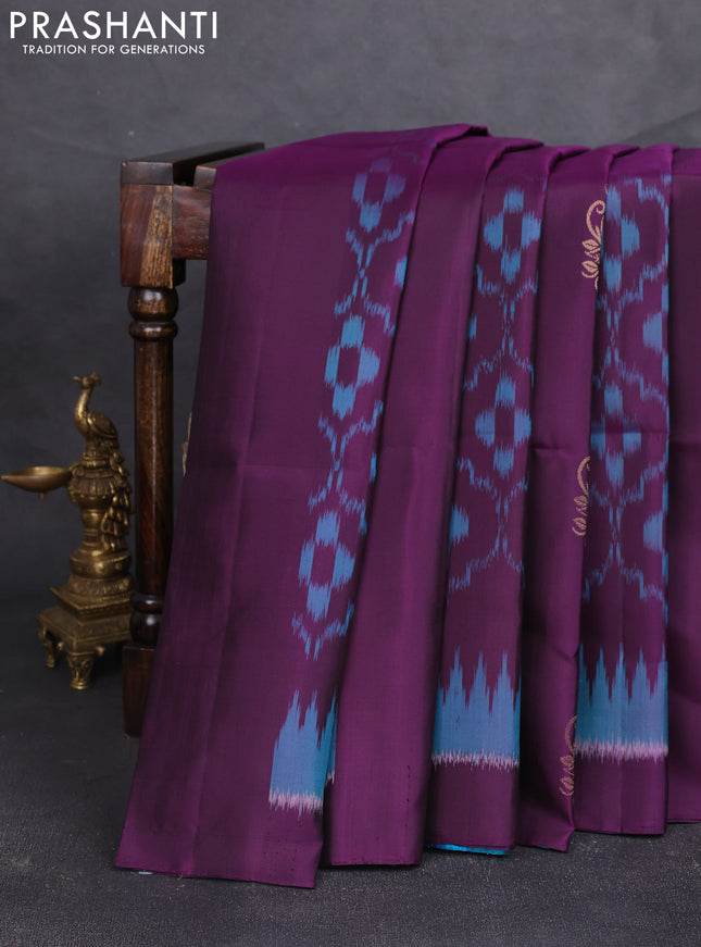 Ikat soft silk saree deep purple and cs blue with ikat weaves& zari woven buttas and simple border