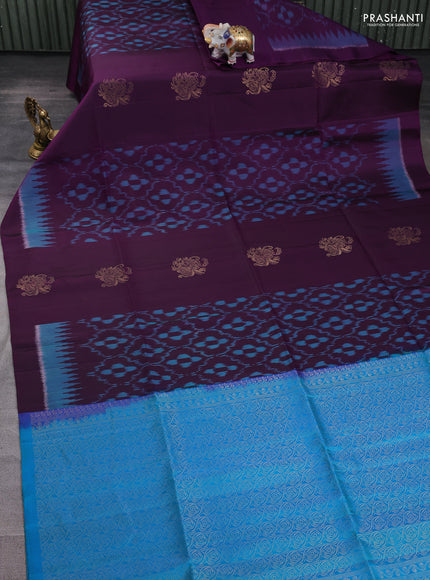 Ikat soft silk saree deep purple and cs blue with ikat weaves& zari woven buttas and simple border