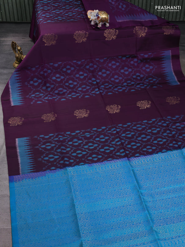 Ikat soft silk saree deep purple and cs blue with ikat weaves& zari woven buttas and simple border