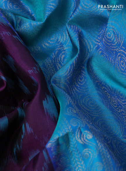 Ikat soft silk saree deep purple and cs blue with ikat weaves& zari woven buttas and simple border
