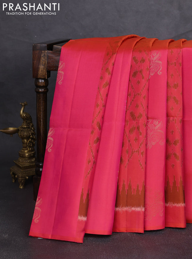 Ikat soft silk saree dual shade of pink and black with allover ikat weaves & zari buttas and simple border