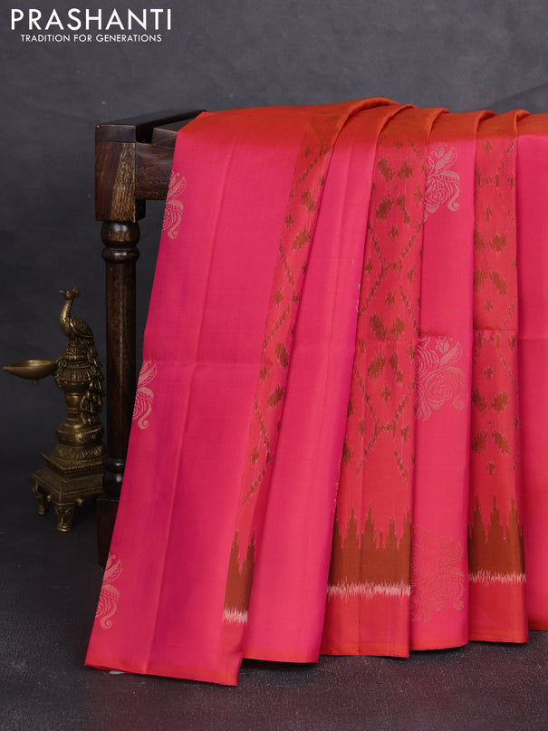 Ikat soft silk saree dual shade of pink and black with allover ikat weaves & zari buttas and simple border