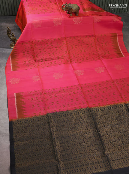 Ikat soft silk saree dual shade of pink and black with allover ikat weaves & zari buttas and simple border