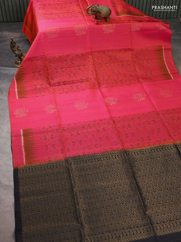 Ikat soft silk saree dual shade of pink and black with allover ikat weaves & zari buttas and simple border