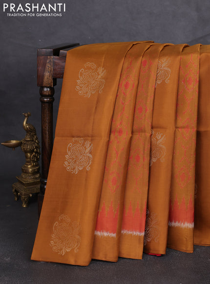 Ikat soft silk saree dark mustard and red with allover ikat weaves & zari buttas and simple border
