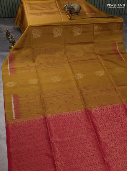 Ikat soft silk saree dark mustard and red with allover ikat weaves & zari buttas and simple border