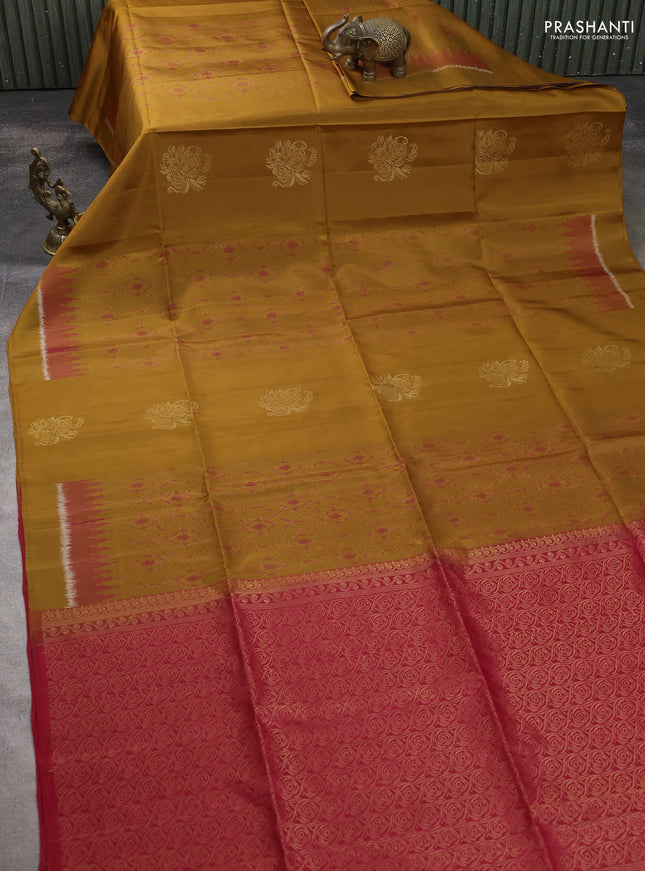 Ikat soft silk saree dark mustard and red with allover ikat weaves & zari buttas and simple border