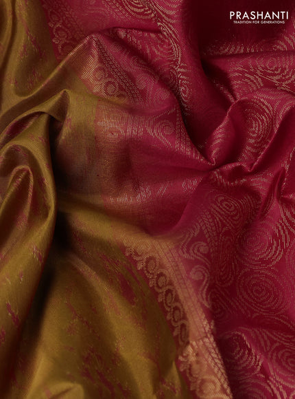 Ikat soft silk saree dark mustard and red with allover ikat weaves & zari buttas and simple border
