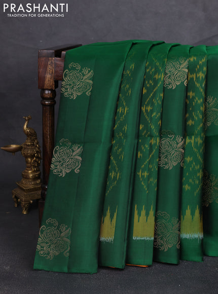 Ikat soft silk saree bottle green and dark mustard with allover ikat weaves & zari buttas and simple border