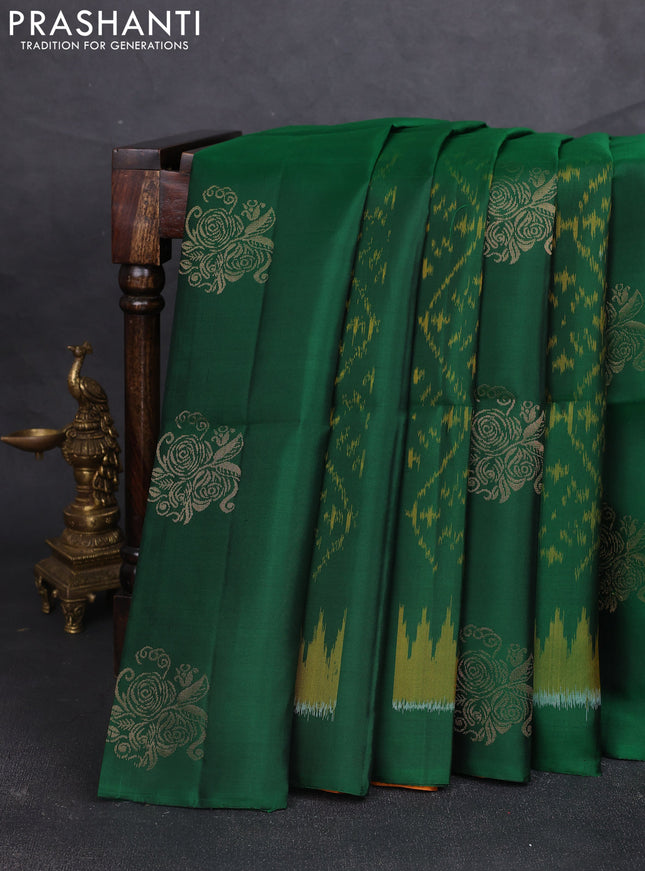 Ikat soft silk saree bottle green and dark mustard with allover ikat weaves & zari buttas and simple border