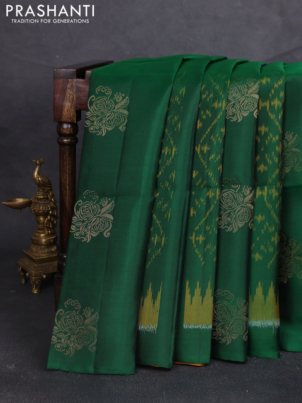 Ikat soft silk saree bottle green and dark mustard with allover ikat weaves & zari buttas and simple border
