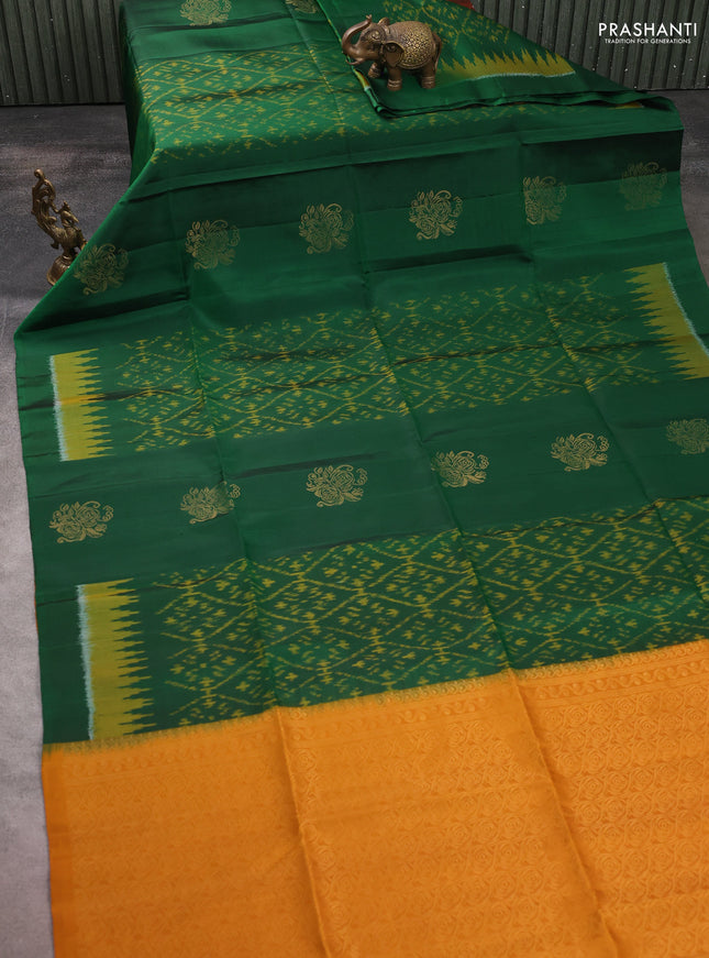Ikat soft silk saree bottle green and dark mustard with allover ikat weaves & zari buttas and simple border