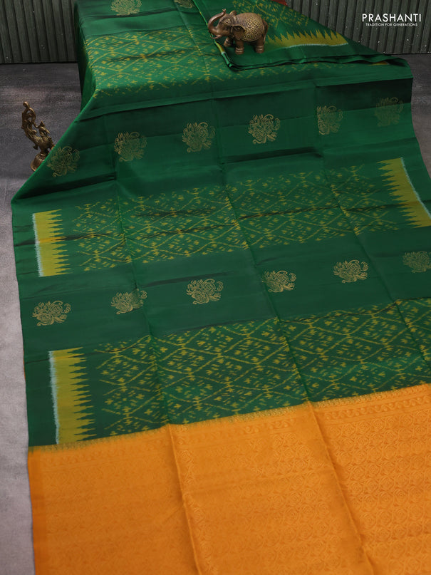 Ikat soft silk saree bottle green and dark mustard with allover ikat weaves & zari buttas and simple border