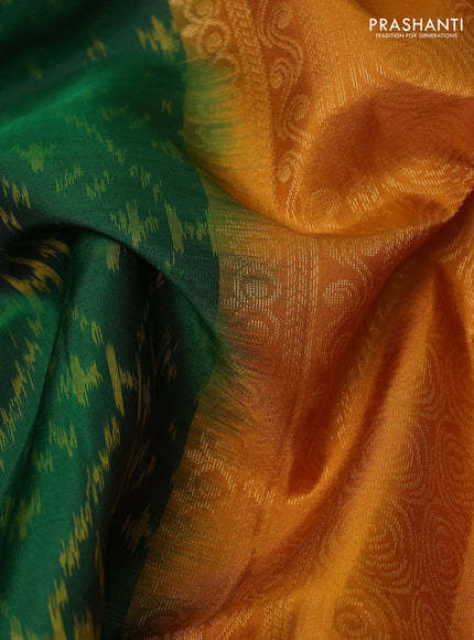 Ikat soft silk saree bottle green and dark mustard with allover ikat weaves & zari buttas and simple border
