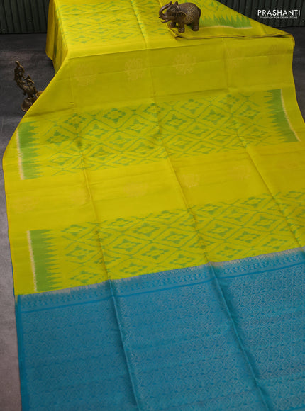 Ikat soft silk saree lime green and cs blue with allover ikat weaves & zari buttas and simple border