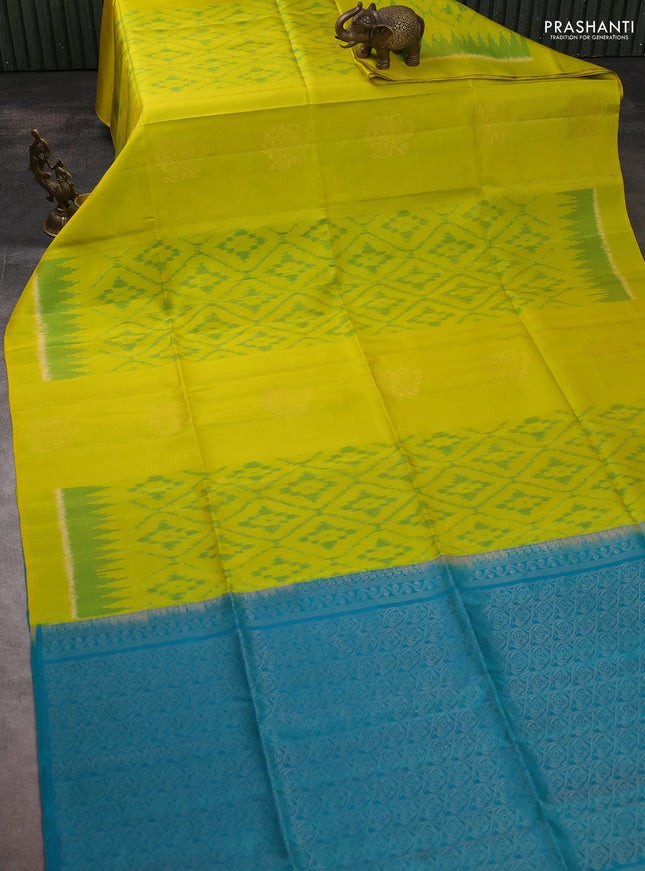 Ikat soft silk saree lime green and cs blue with allover ikat weaves & zari buttas and simple border