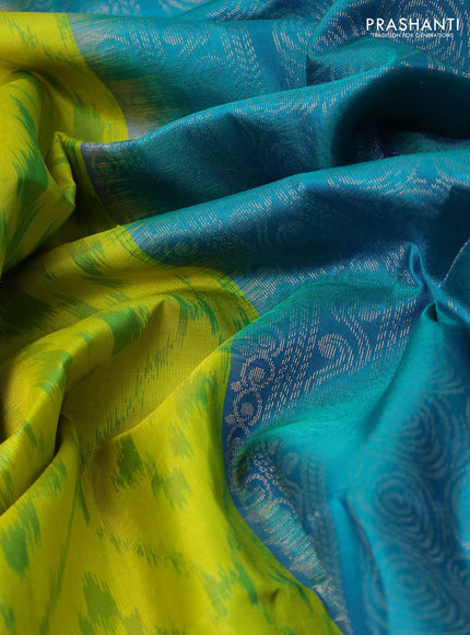 Ikat soft silk saree lime green and cs blue with allover ikat weaves & zari buttas and simple border