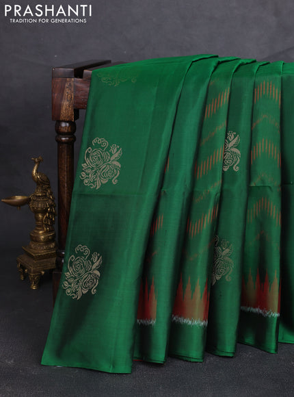 Ikat soft silk saree bottle green and red with allover ikat weaves & zari buttas and simple border