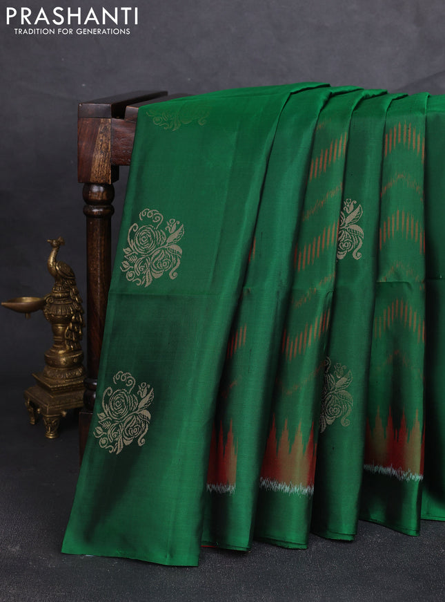 Ikat soft silk saree bottle green and red with allover ikat weaves & zari buttas and simple border