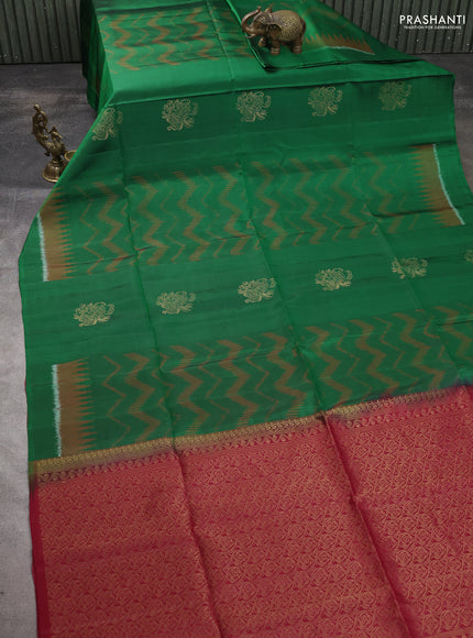Ikat soft silk saree bottle green and red with allover ikat weaves & zari buttas and simple border