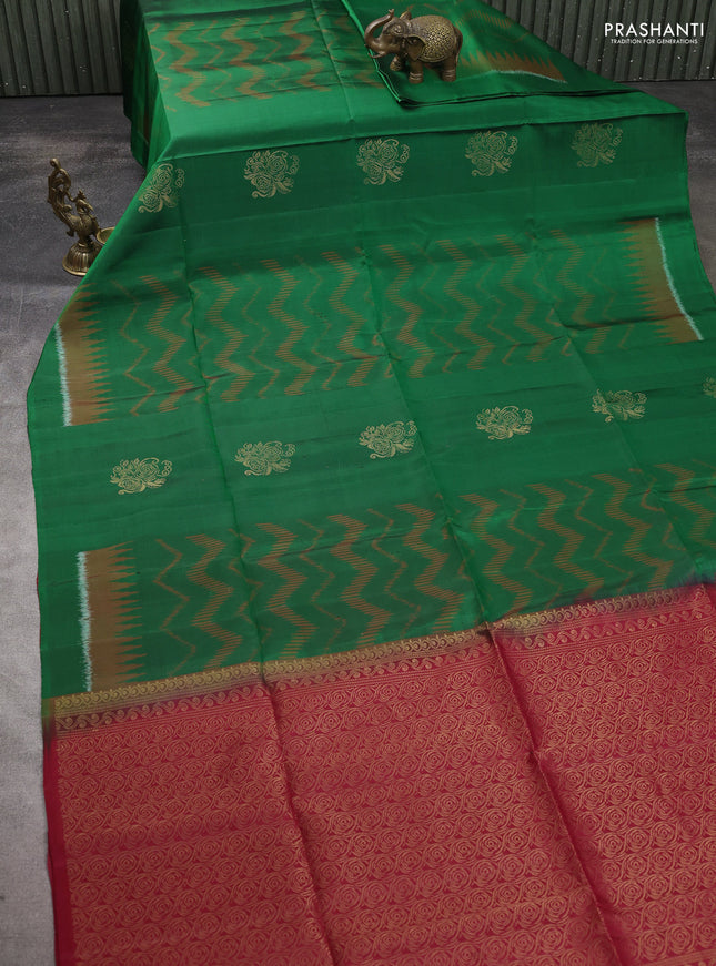 Ikat soft silk saree bottle green and red with allover ikat weaves & zari buttas and simple border