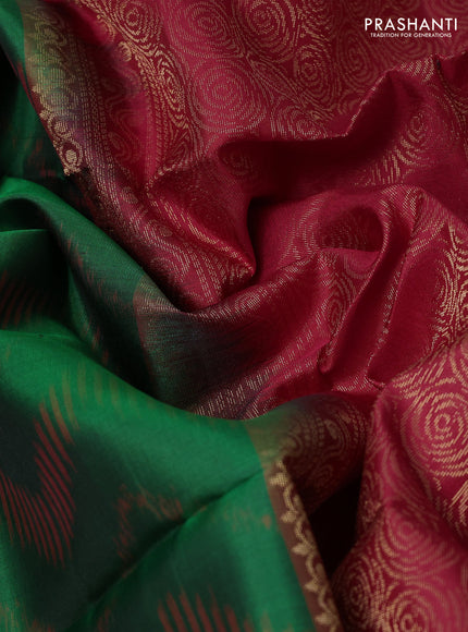 Ikat soft silk saree bottle green and red with allover ikat weaves & zari buttas and simple border