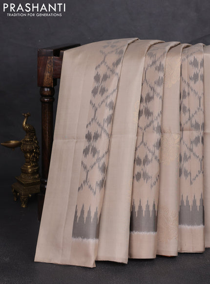 Ikat soft silk saree beige and dark mustard with allover ikat weaves & zari buttas and simple border