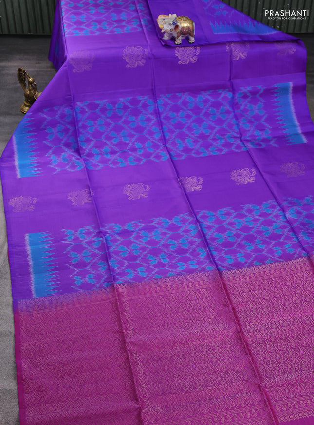 Ikat soft silk saree violet and purple with allover ikat weaves & zari buttas and simple border