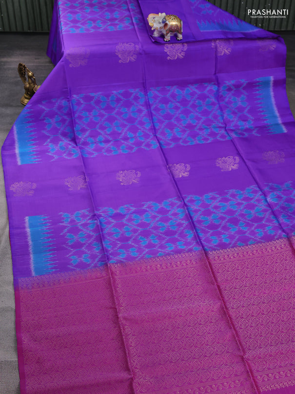 Ikat soft silk saree violet and purple with allover ikat weaves & zari buttas and simple border