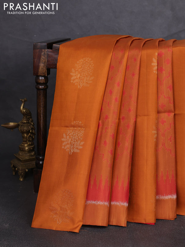 Ikat soft silk saree dark mustard and red with allover ikat weaves & zari buttas and simple border