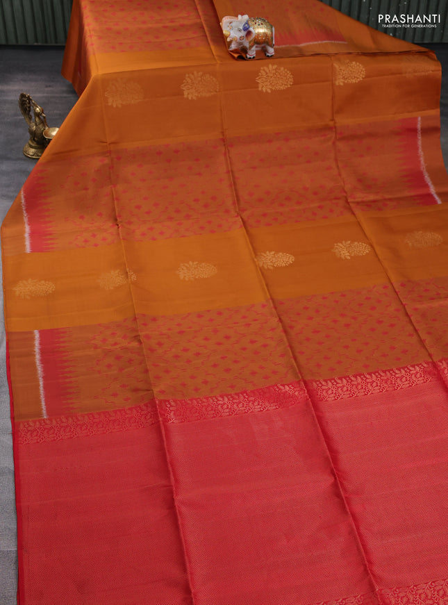 Ikat soft silk saree dark mustard and red with allover ikat weaves & zari buttas and simple border