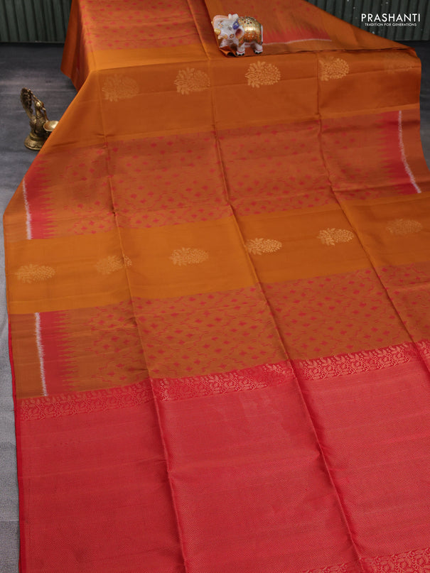 Ikat soft silk saree dark mustard and red with allover ikat weaves & zari buttas and simple border