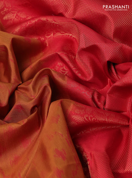 Ikat soft silk saree dark mustard and red with allover ikat weaves & zari buttas and simple border