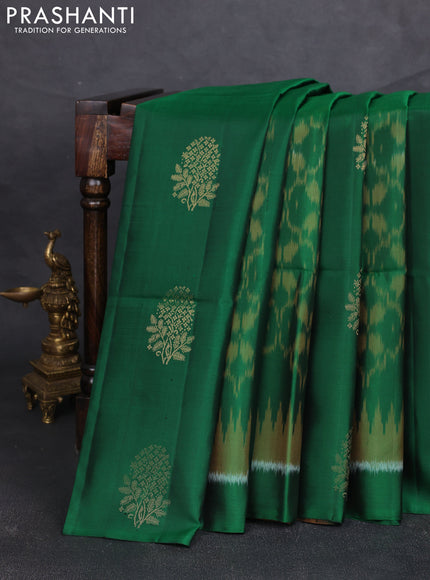 Ikat soft silk saree bottle green and dark mustard with allover ikat weaves & zari buttas and simple border