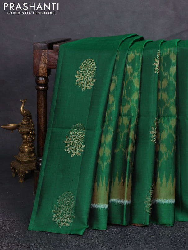 Ikat soft silk saree bottle green and dark mustard with allover ikat weaves & zari buttas and simple border