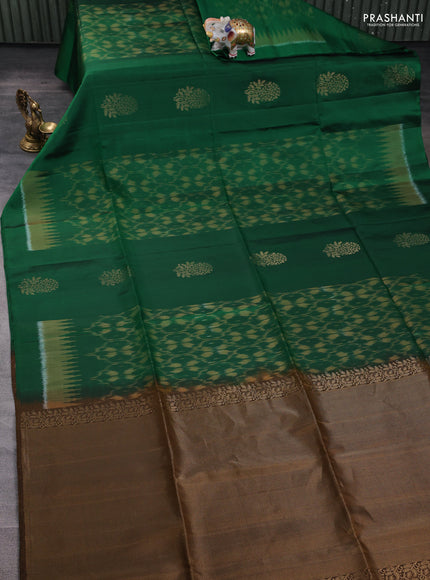 Ikat soft silk saree bottle green and dark mustard with allover ikat weaves & zari buttas and simple border
