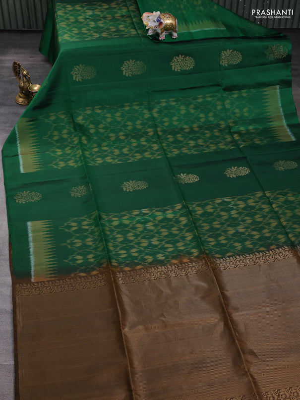 Ikat soft silk saree bottle green and dark mustard with allover ikat weaves & zari buttas and simple border