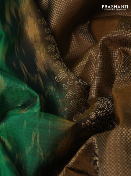 Ikat soft silk saree bottle green and dark mustard with allover ikat weaves & zari buttas and simple border