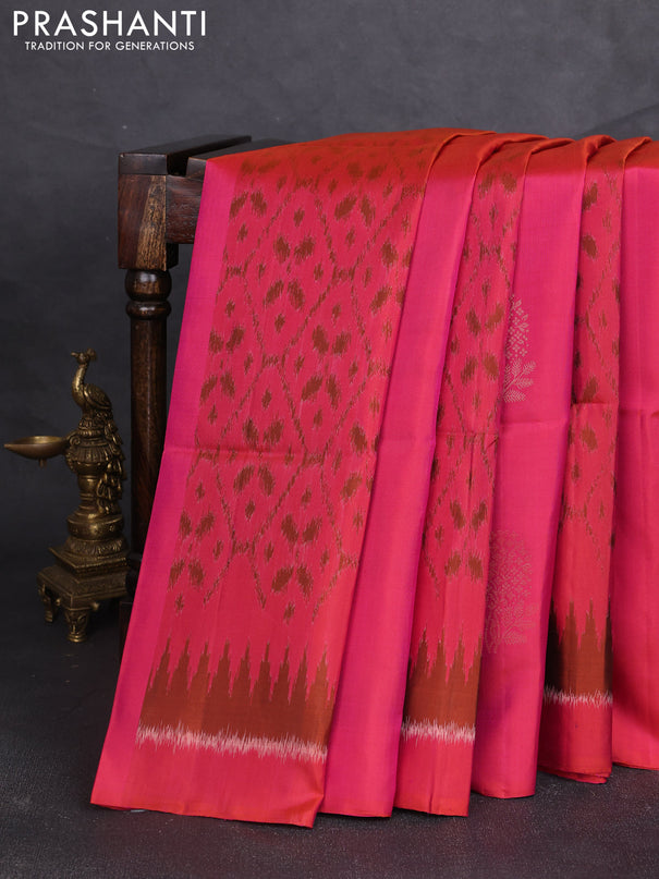 Ikat soft silk saree dual shade of pinkish orange and sandal with allover ikat weaves & zari buttas and simple border