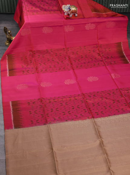 Ikat soft silk saree dual shade of pinkish orange and sandal with allover ikat weaves & zari buttas and simple border