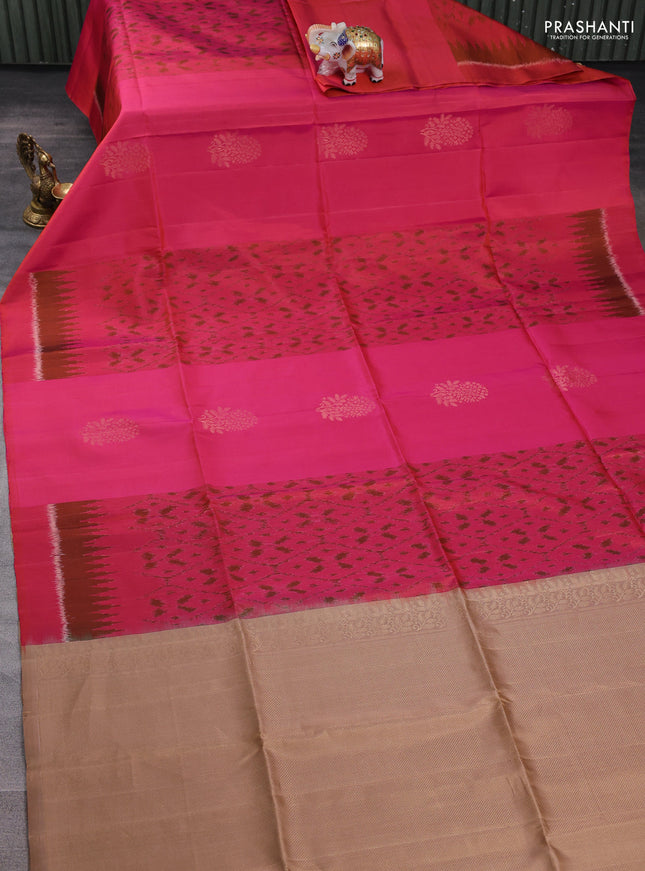 Ikat soft silk saree dual shade of pinkish orange and sandal with allover ikat weaves & zari buttas and simple border